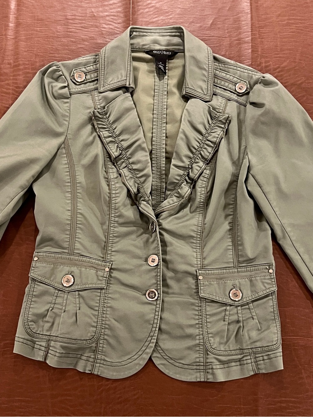 WHBM Olive Green Ruffled Utility Blazer - Size 12